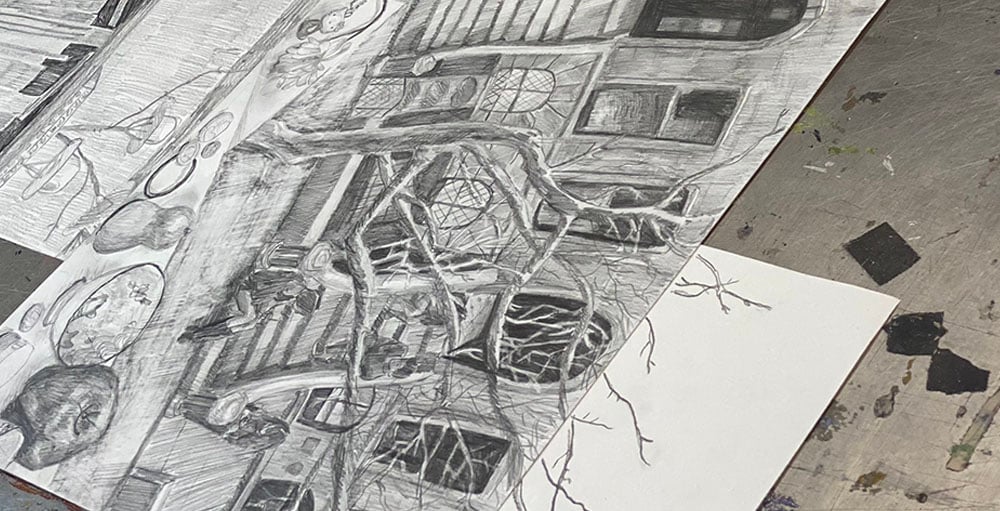 Adult students working on detailed drawing studies during art class sessions in New York